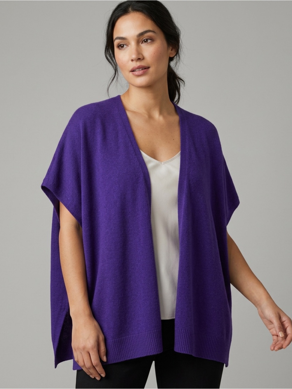 Coldwater Creek Deep Purple Open-Front Knit Poncho Size XL Vintage Merino Wool
